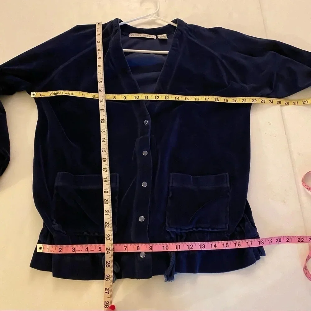 Vintage 90s Velour Grandma Cardigan Size Small Navy Blue Retro Velvet Shirt Top